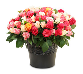Bouquet of beautiful roses on white table, space for text