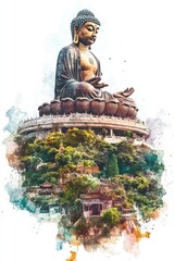 Fototapeta premium A large seated Buddha statue overlooking a lush green landscape