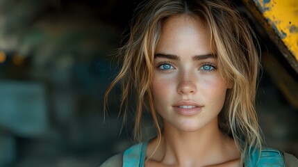 Fototapeta premium Young Caucasian woman with blue eyes and freckles wearing turquoise top, messy blonde hair, natural makeup look against blurred background. Soft lighting portrait captures genuine expression.