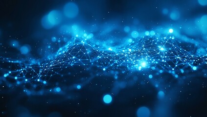 Obraz premium Abstract digital network connection. Futuristic blue glowing lines and dots forming a wave pattern. Concept of global communication and technology.