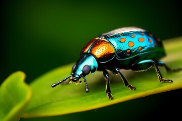 Vibrant metallic blue and copper beetle with spotted pattern rests on green leaf in macro photography, showcasing intricate details against dark background.