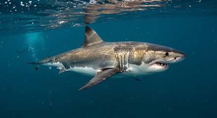 Fototapeta premium A large great white shark swimming underwater through ocean water