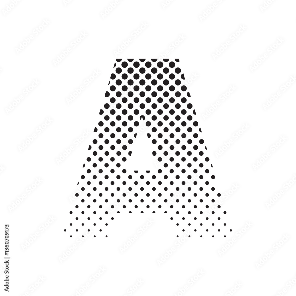 Poster uppercase letter a in halftone dot pattern, modern black and white typography design with fading eff