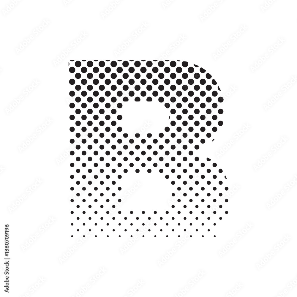 Poster uppercase letter b in halftone dot pattern, modern black and white typography design with fading eff