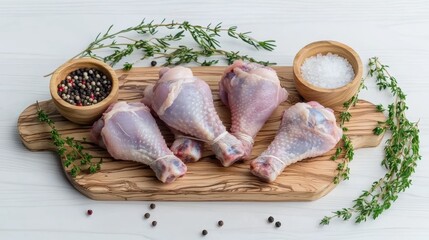 Preparing fresh chicken drumsticks with herbs and spices kitchen food photography bright close-up culinary art