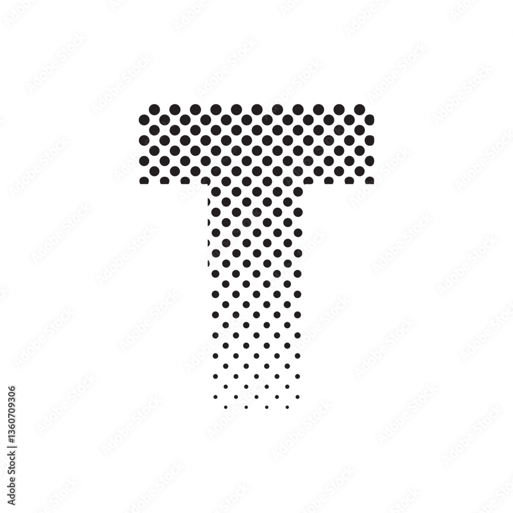 Aufkleber uppercase letter t in halftone dot pattern, modern black and white typography design with fading eff