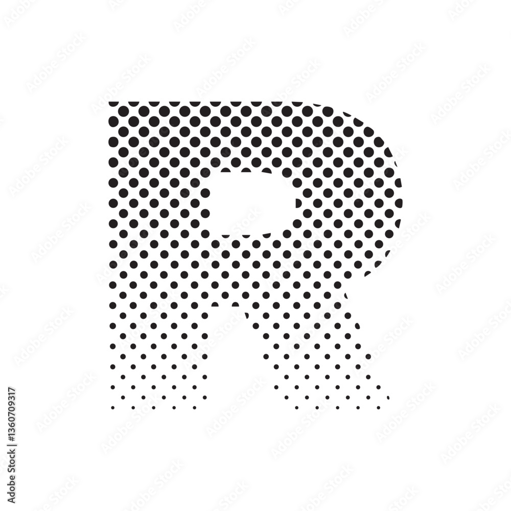 Poster uppercase letter r in halftone dot pattern, modern black and white typography design with fading eff