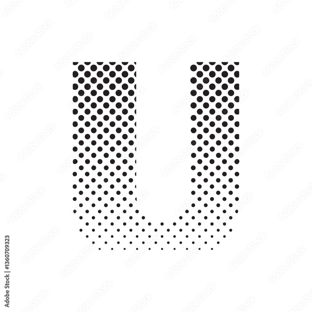 Aufkleber uppercase letter u in halftone dot pattern, modern black and white typography design with fading eff