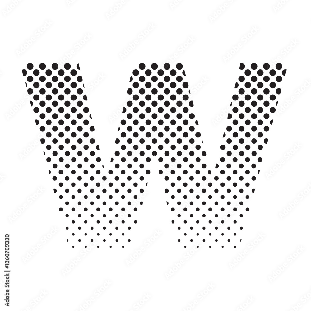 Poster uppercase letter w in halftone dot pattern, modern black and white typography design with fading eff