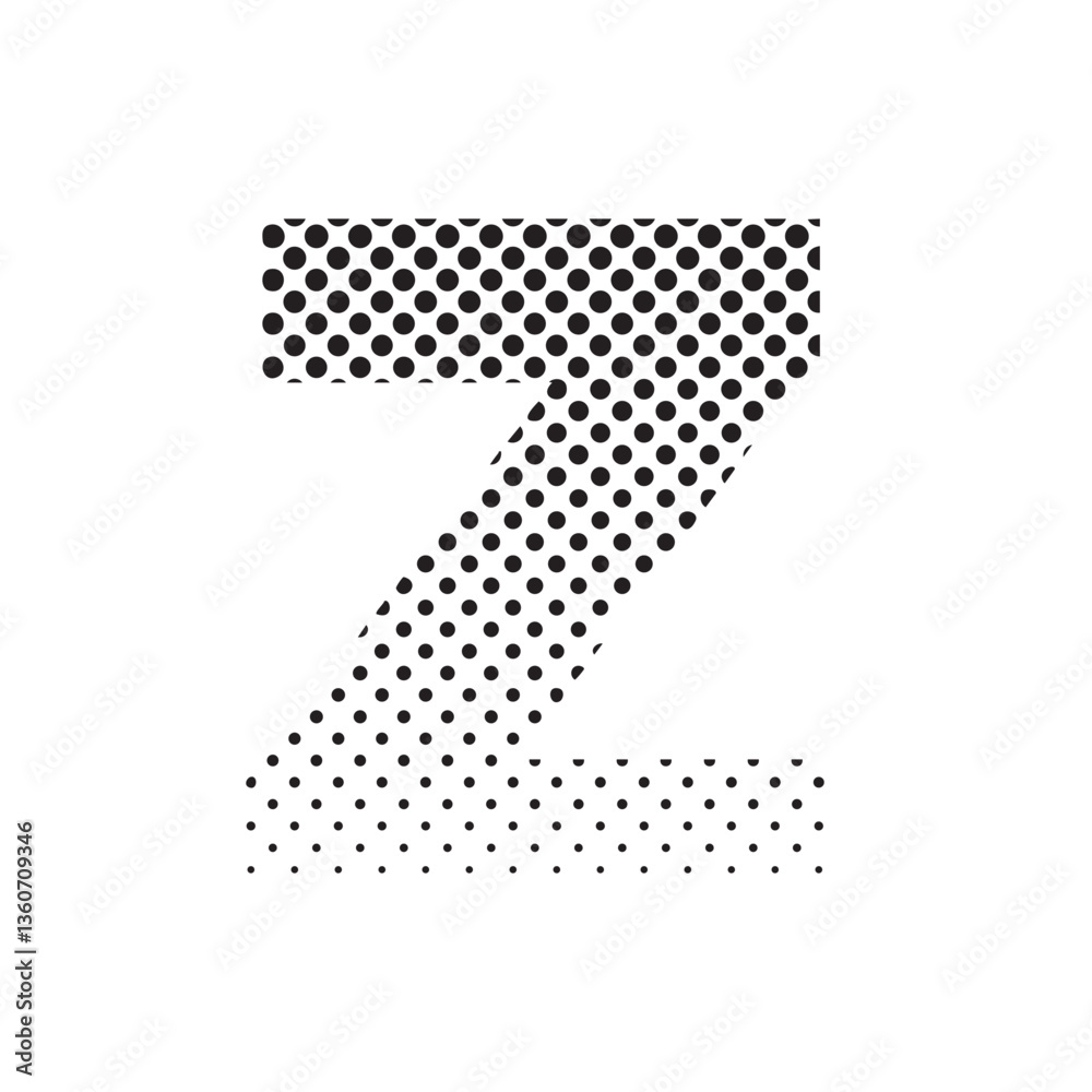 Poster uppercase letter z in halftone dot pattern, modern black and white typography design with fading eff