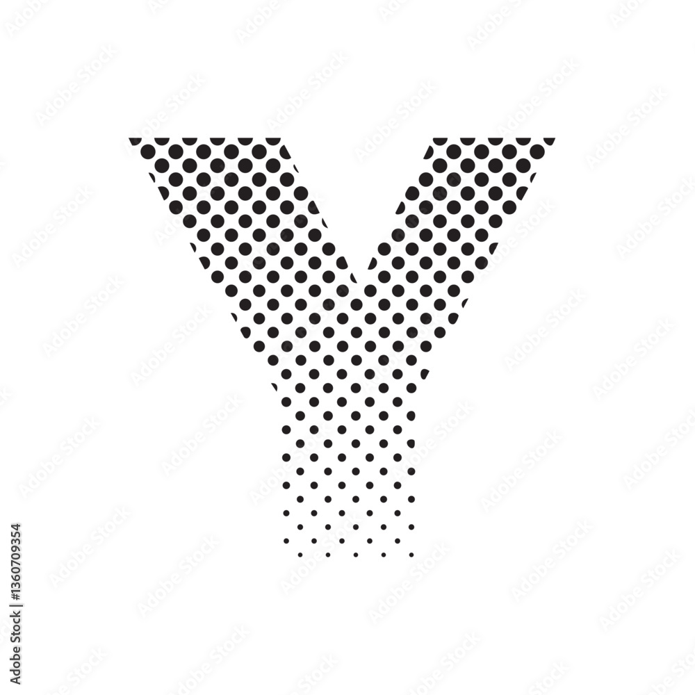 Poster uppercase letter y in halftone dot pattern, modern black and white typography design with fading eff