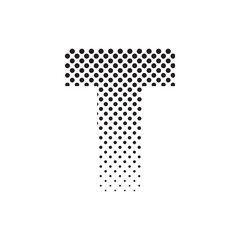 uppercase letter T in halftone dot pattern, modern black and white typography design with fading effect, concept of graphic design, branding, typography art, digital print