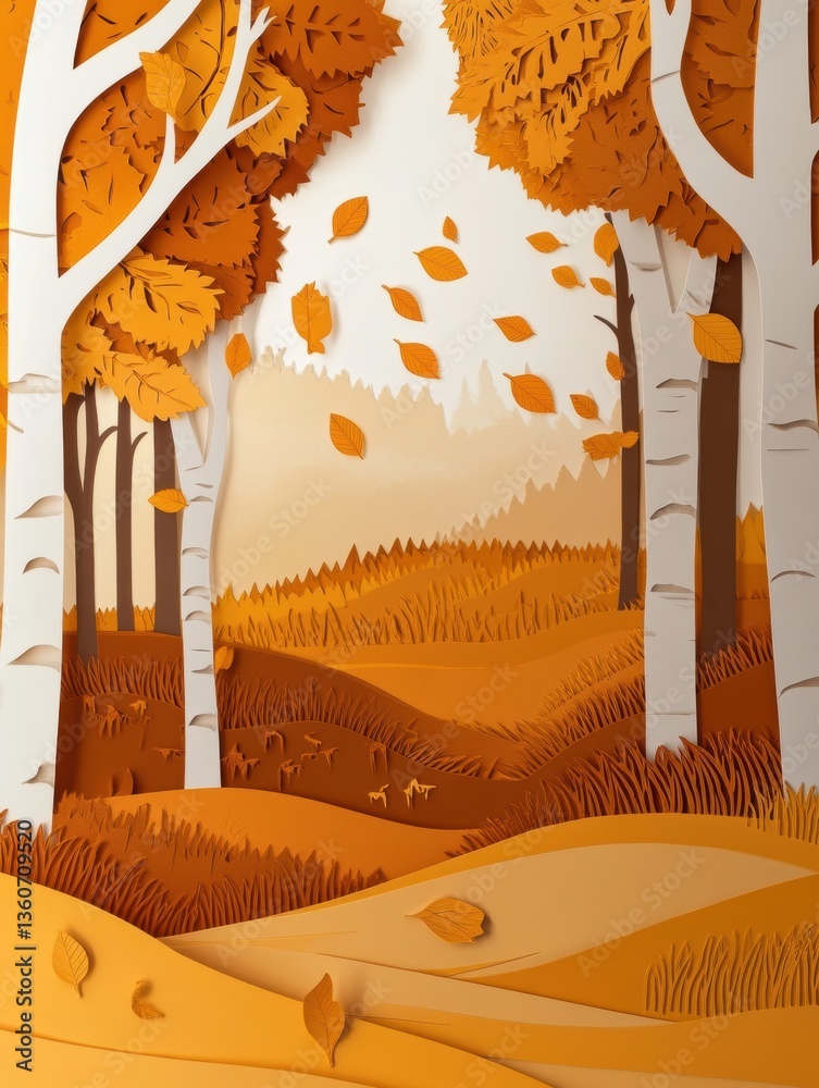 Poster Layered paper cut autumn forest with golden leaves creating a warm and cozy atmosphere for seasonal enjoyment Generative AI