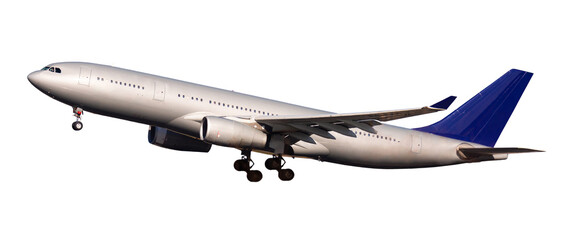 Large passenger airplane flying isolated on white. Civil aviation concept..