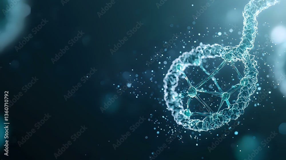 Poster glowing blue molecular structure in plexus style with particles and connecting lines on dark backgro