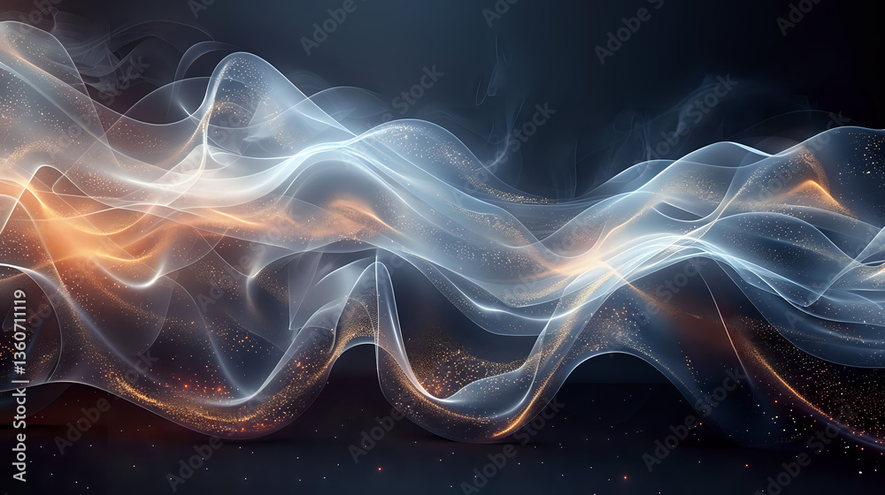 Poster abstract flowing waves of light in orange and blue colors against dark background create dynamic mot