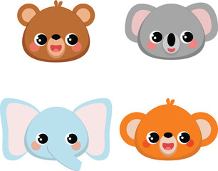 Set of cute animal heads. Cartoon characters. Set of stickers