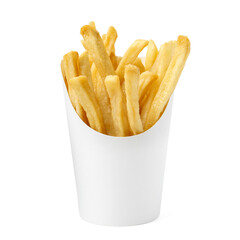 Tasty French fries in paper container isolated on white
