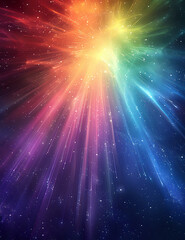 Vibrant rainbow light burst with radiating beams and sparkles on dark background creates magical cosmic effect, suitable for spiritual and celebration designs.