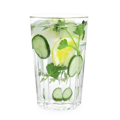 Healthy drink with parsley and cucumber on white background