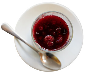 Mascarpone cheese dessert with wild berries and jelly. Sweet dessert of cream cheese and berry jam. Isolated over white background