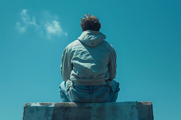 Young man in gray hoodie sitting alone on edge against turquoise sky, back view. Conceptual photograph representing solitude, meditation and self-reflection.