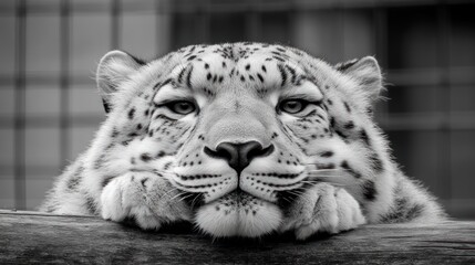 Black and white snow leopard resting in zoo enclosure