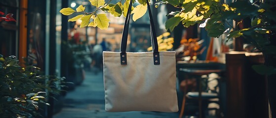 Beige Tote Bag Hanging Outdoor.