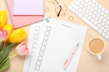 Flat lay composition with checklist on beige background