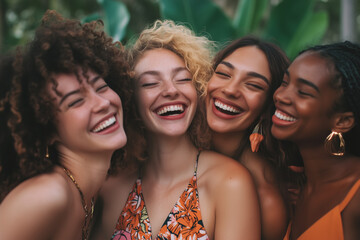 Obraz premium Four women with curly hair are smiling and laughing together. They are wearing colorful outfits and earrings. Scene is happy and joyful