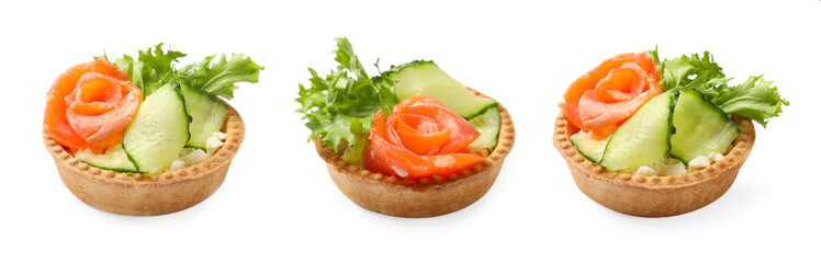 Tartlet with delicious filling of salmon, cucumber and cream cheese isolated on white, collage