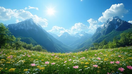 Fototapeta premium Serene mountain meadow ablaze with wildflowers under a brilliant sunny sky. A breathtaking landscape perfect for travel brochures or nature documentaries.