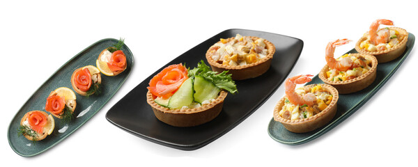 Tasty tartlets with different delicious fillings isolated on white