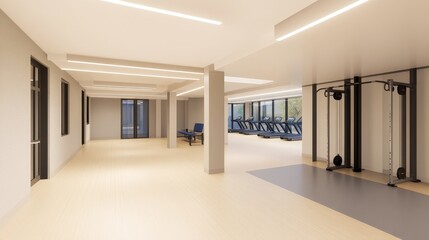 Modern gym interior with cardio equipment, spacious layout, and natural light from large windows