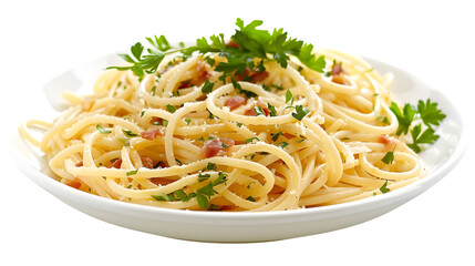 Delicious Spaghetti Carbonara with Fresh Herbs and Crispy Bacon Bits Served on a White Plate