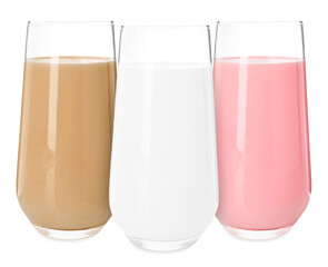 Milk of different flavors in glasses isolated on white. Vanilla, chocolate and strawberry