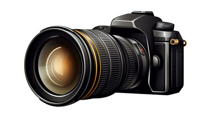 Fototapeta premium A detailed illustration of a professional camera with a large lens on a black backgroundisolated on transparent background 