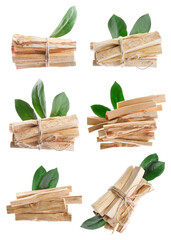 Palo santo sticks with green leaves on white background, collage
