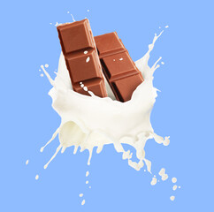 Yummy chocolate pieces and splashes of milk in air on light blue background