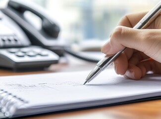 Person Writing on Paper Using Pen Near a Landline Phone