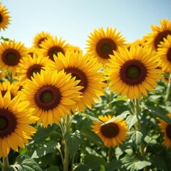 Fototapeta premium Vibrant yellow sunflowers filling the frame, sunny day, cheerful, garden, illustration
