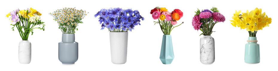 Bouquets of different beautiful flowers in vases isolated on white, set