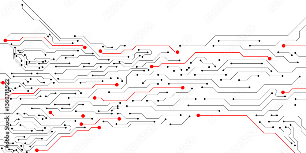 Poster black and red circuit board texture. central computer processor cpu and digital technology banner ba