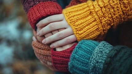 Close-up of hands stacked together wearing colorful knit sweaters showing unity