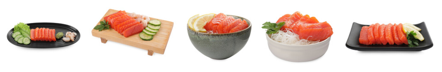 Delicious salmon sashimi served in different ways, isolated on white