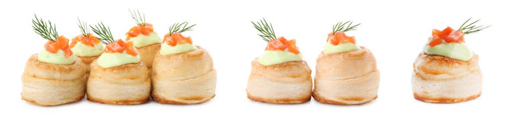 Different puff pastry with salmon isolated on white, set