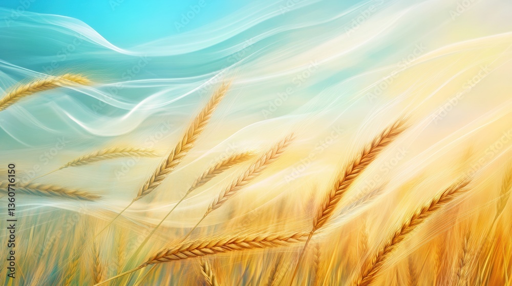 Poster golden wheat transforms into glowing energy waves in a surreal abstract landscape with smooth gradie