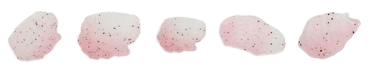 Samples of natural scrub on white background, set. Top view