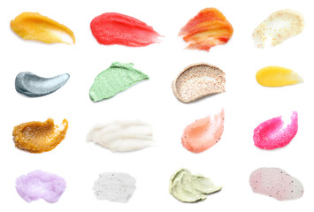 Different samples of natural scrubs on white background, collage