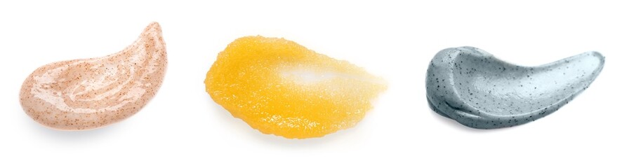 Different samples of natural scrubs on white background, set